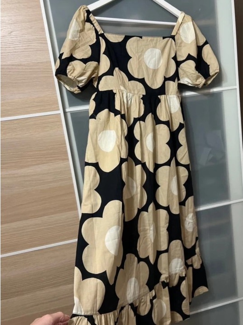 Black Maxi Dress with Beige Floral Print and Square Neck